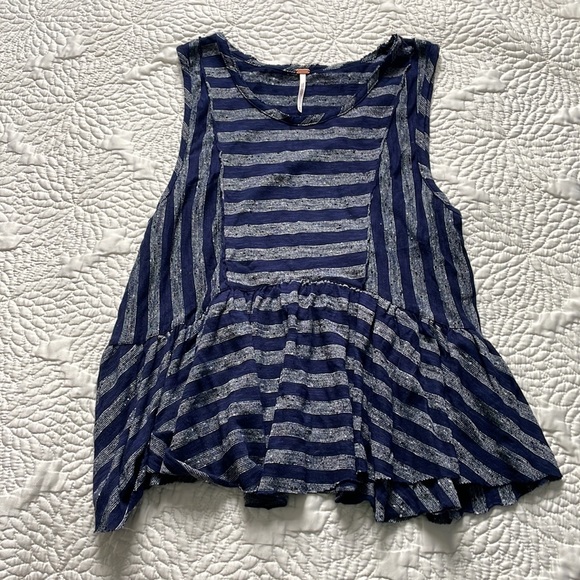 Free People Navy Blue Striped Peplum Tank Medium - Picture 2 of 6
